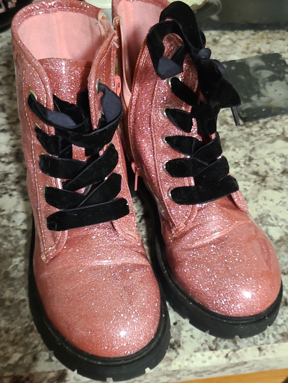Source Unknown Pink Glitter Combat Boots with Black Velvet Laces